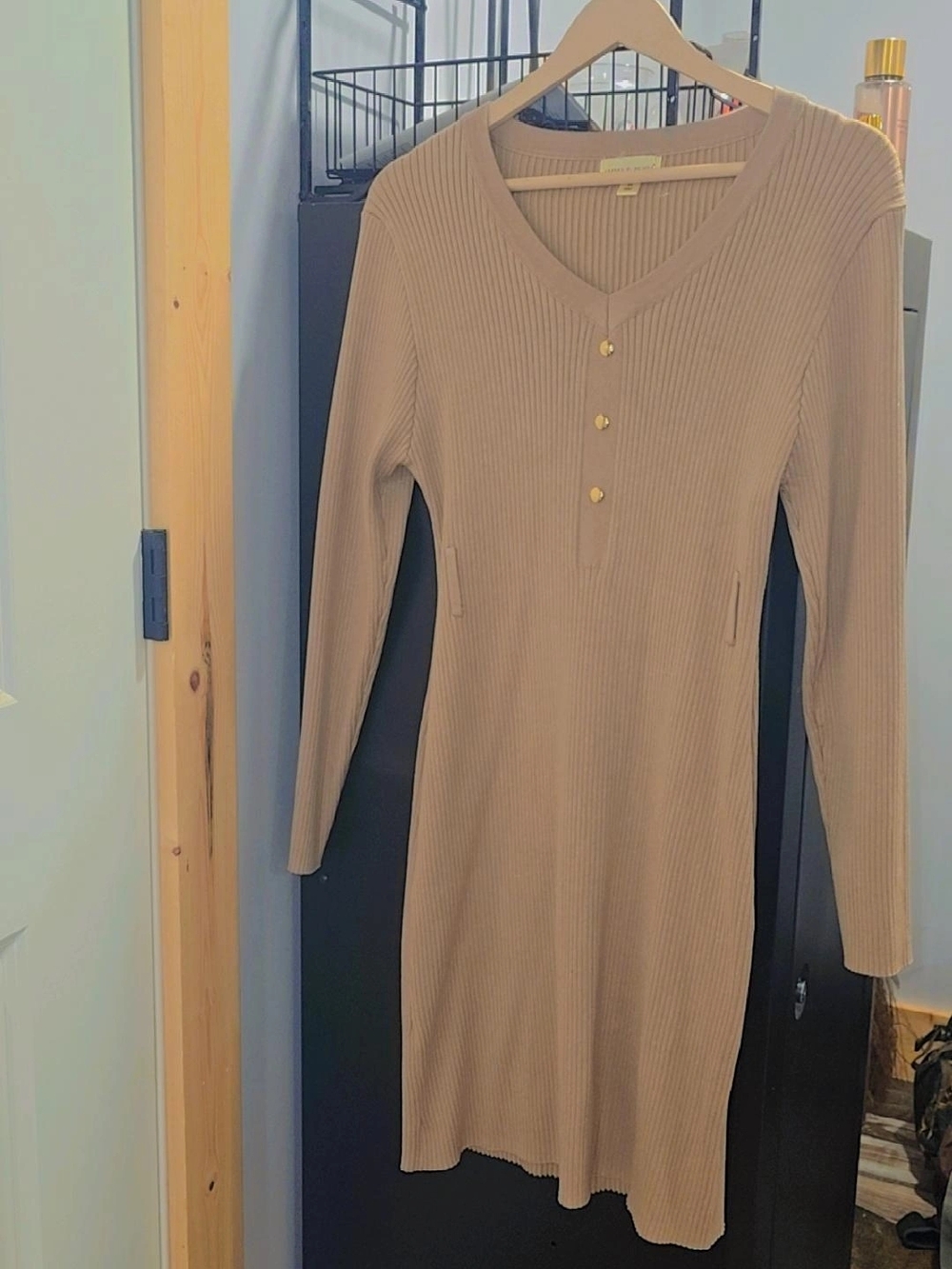 Long Sleeve Ribbed V-Neck Dress in Taupe